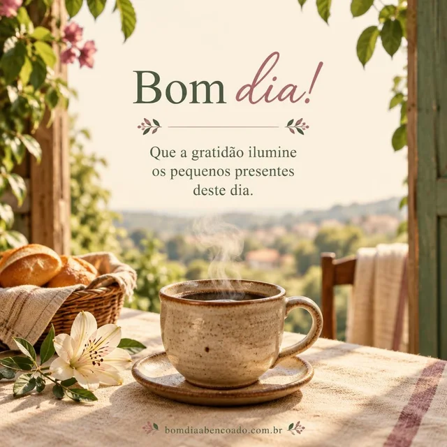 Xícara de café e mensagem de bom dia sobre os pequenos presentes da vida